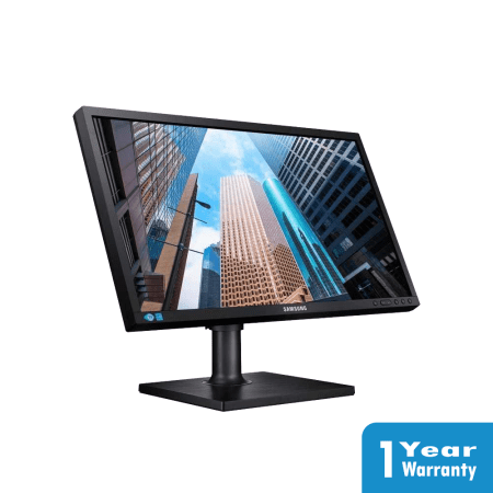 a computer monitor with a picture of a city